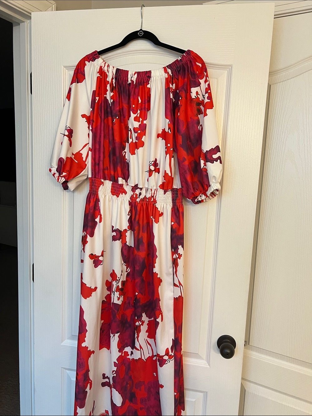Off-Shoulder Floral Maxi Dress in Red and Purple
